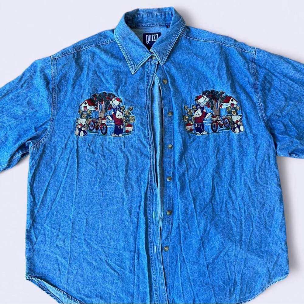 Vintage Quizz Teddy Bear Apple Denim Button Down Shirt